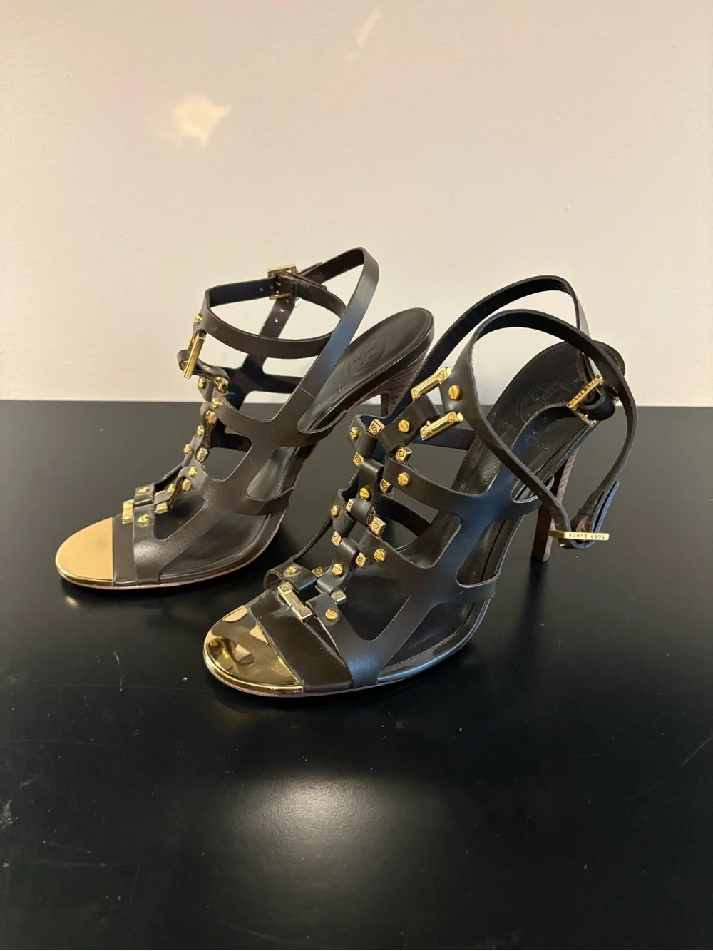 Tory Burch Black Leather Strappy Heels with Gold Hardware